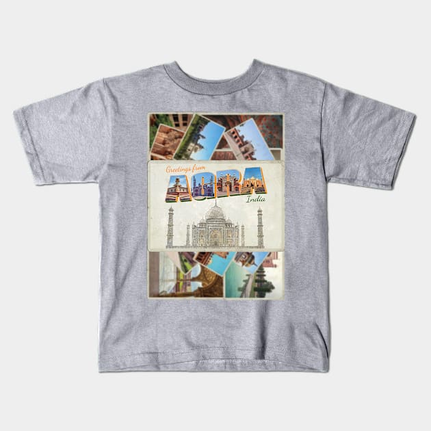 Greetings from Agra in India Vintage style retro souvenir Kids T-Shirt by DesignerPropo